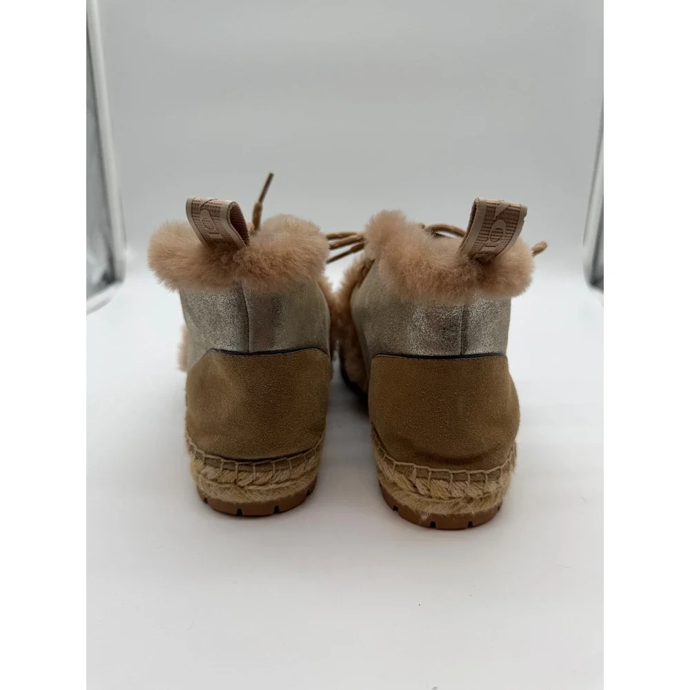 Coach G4799 Shearling Trim Suede Espadrille Lug Sole Ankle Boots Tan Silver 10B
